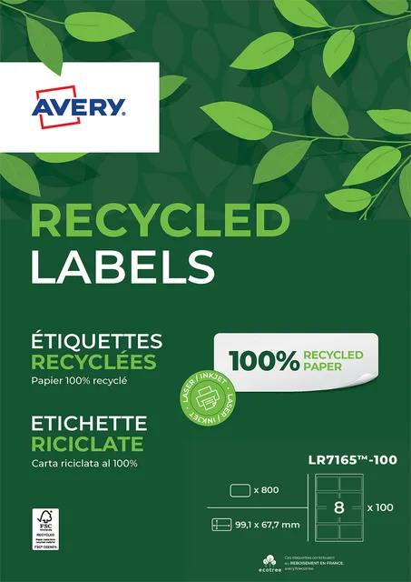Avery Etiket Avery LR7165-100 99.1x67.7mm recycled wit 800 stuks