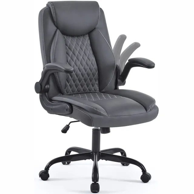 REDOM Vergaderstoel - Ergonomische rugondersteuning - Verstelbare hoogte - Opklapbare armleuningen - 360° draaibaar - Voor kantoor - Leer - Grijs - 64 x 64 x 102 cm