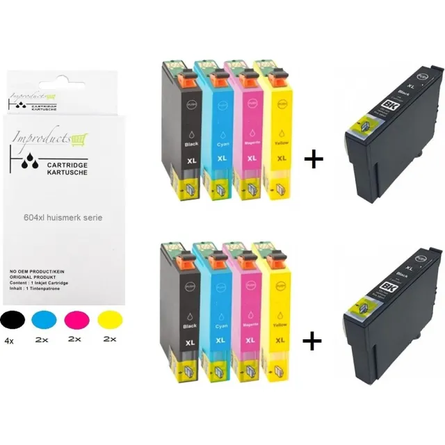 Improducts 1x 10 box multipack 604xl / 604 inkt cartridges geschikt voor Epson Expression Home XP 2200 2205 3200 3205 4200 4205 Workforce WF 2910DWF 2930DWF 2935DWF 2950DWF 10 cartridges 2x4 stuks + 2 zwart