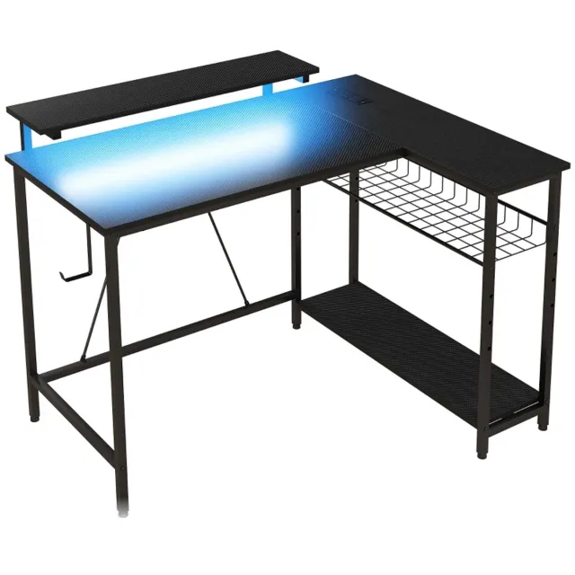ZYLARO L-vormig Gamingbureau 107 x 80 x 90 cm – Omkeerbaar Hoekbureau met LED, Stopcontacten, USB, Monitorstandaard en Opbergrek – Zwart