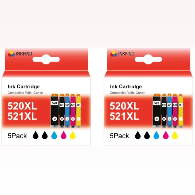 INKFIND 520XL 521XL inktcartridge voor Canon 520XL 521XL PGI-520XL CLI-521XL PGI520 CLI521 inktcartridge multipack 10 stuks (2*5pack = foto Zwart x 2, Zwart x 2, Cyaan x 2, Magenta x 2, Geel x 2)