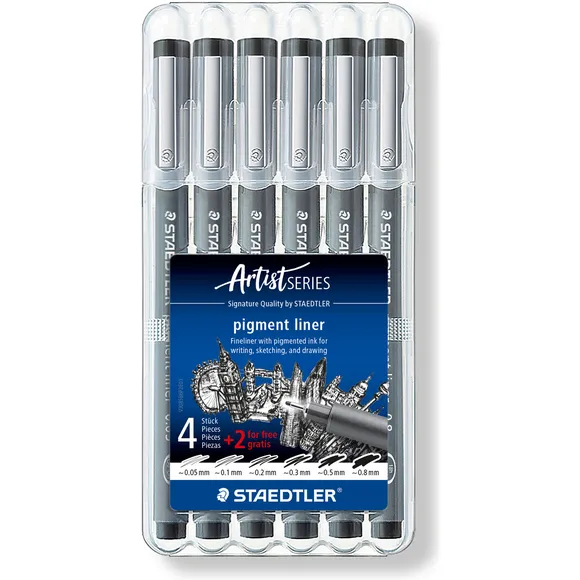 Staedtler Fineliner Staedtler Pigment 308 zwart set 4+2 gratis