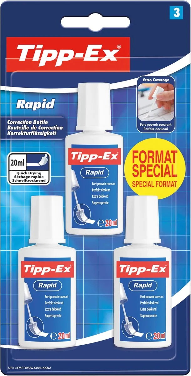 Tipp-ex correctievloeistof Rapid, blister van 3 stuks, special format