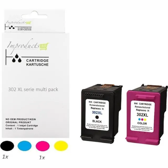 Improducts Inkt cartridges -Alternatief HP 302 / 302 XL - 302XL 302XL F6U68AE F6U67AE set chip v4 Multicolor - Zwart (1x), Kleur (1x)