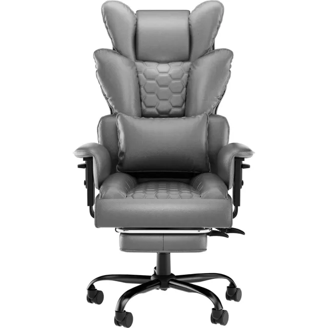NAIZY Directiestoel met Hoofdsteun, PU-Leren Rugleuning, Schuimrubberen Zitkussen, Voetsteun en Wieltjes, Stalen Frame Bureaustoelen 126-136 cm in Hoogte Verstelbaar Bureaustoel voor Thuis en op Kantoor (Grijs) NAIZY