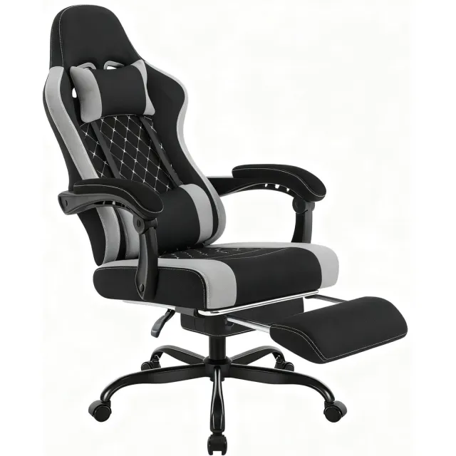 Klarven Gamingstoel Wit Massage Zwart + grijs - Bureaustoel Gaming - Gaming Chair - Mesh Bureaustoel - Verstelbare Hoofdsteun - Draagvermogen tot 150 kg - B70xd70xh127cm