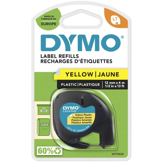 Labeltape dymo letratag plastic 12mm zwart op geel