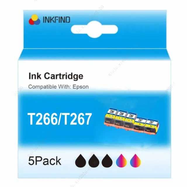 INKFIND T266 T267 inkt (Zwart x 3 + Kleur x 2) voor Epson T2661 T2670 2661 2670 Epson266 267 inktcartridge multipack 5 stuks (T266 x 3 / T267 x 2) Geschikt voor Workforce WF-100W WF‑110W WF 100W 110W Printer (3 x T266, 9 ml, 2 x T267, 11 ml) - 5 PACK Zwart x 3, Kleur x 2