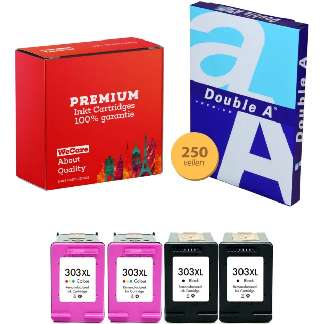 WeCare 4-pack Geschikt voor HP 303XL Inktcartridges + pak DoubleA papier - Geschikt voor HP Envy 6255 - 6222 - 6234 - 7155 - 7858 - 7220 - 6230 Multipack 2x Zwart + 2x Kleur