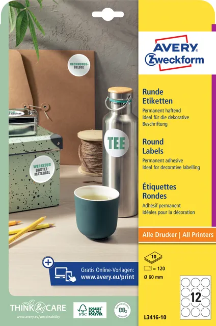 Avery Zweckform Etiket Avery L3416-10 rond 60mm wit 120 stuks