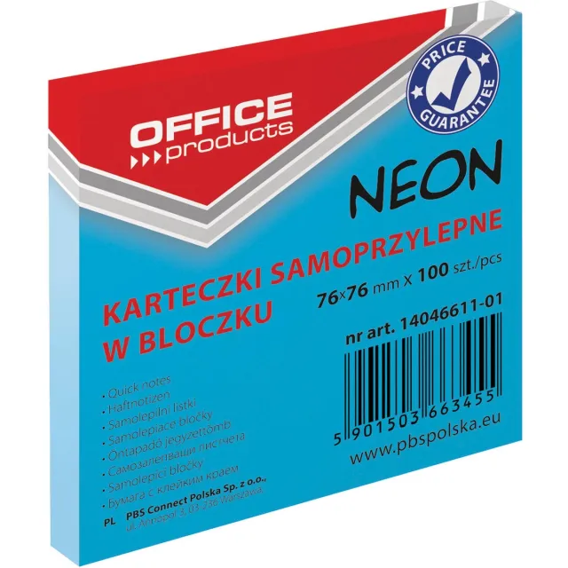Office Products memoblok Neon, 76 x 76 mm, 100 vel, neonblauw