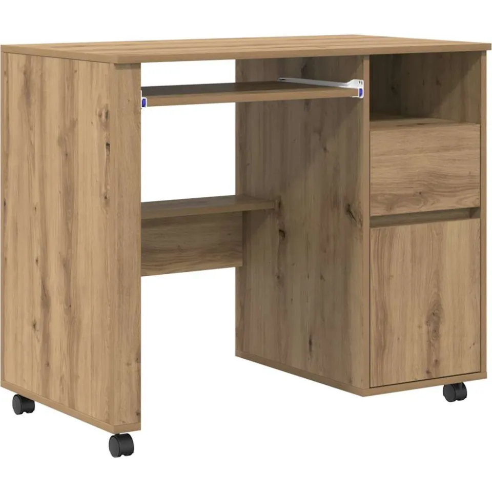 vidaXL Bureau met Wielen Artisan Eiken 91 x 50 x 77 cm Bewerkt hout, foto 3