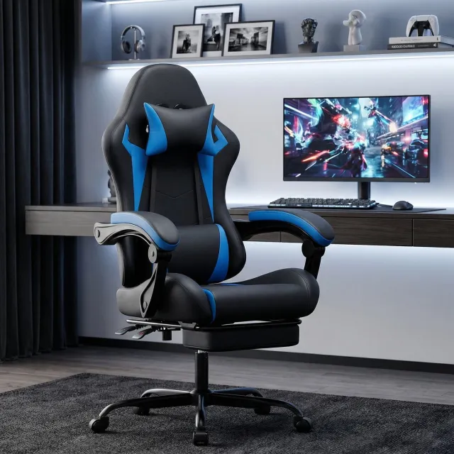 REDOM Gamingstoel - Ergonomisch - Verstelbare hoofdsteun en lendenkussen - Kantelbare rugleuning - Gamingstijl - Voor volwassenen - Kunstleer - Zwart Blauw - 66 x 78 x 127 cm