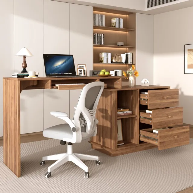 OKWISH Bureau - Uitschuifbaar Computerbureau Met Toetsenbordlade - 3 Laden En Open Vakken Voor Thuiskantoor - MDF Walnootkleur - 110x40x75,5 cm