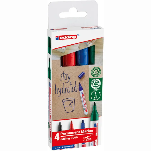 Edding Viltstift edding 3000 creatief rond 1.5-3mm assorti blister à 4 stuks blauw