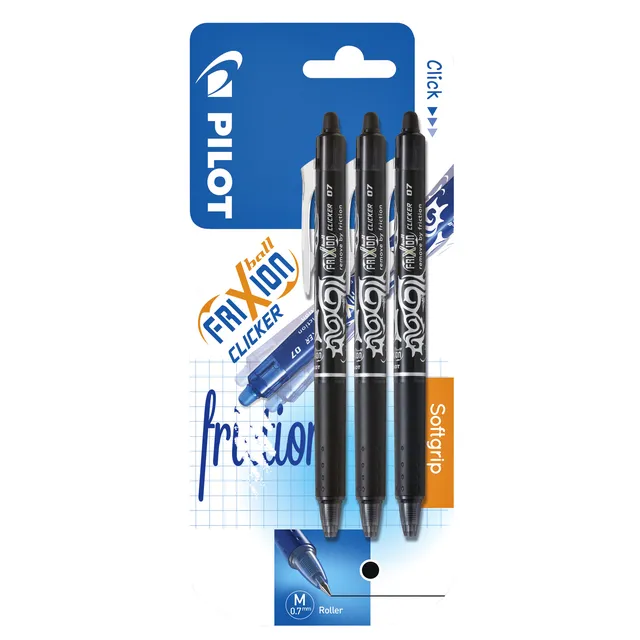 Pilot Rollerpen PILOT friXion clicker medium zwart blister à 3 stuks