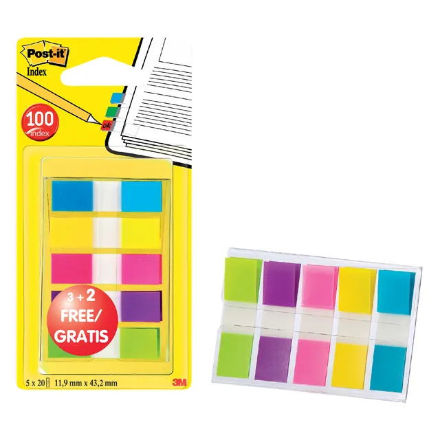 Post-it Indextabs Post-it 6835 11.9x43.1mm 3+2 gratis assorti 100 tabs