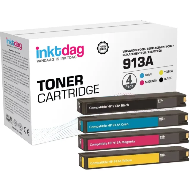 inktdag 913A Toner voor HP913A HP 913A HP913 HP 913 Multipack van 4 stuks – Zwart + Cyaan + Magenta + Geel – Compatibel – Hoge Kwaliteit geschikt voor HP PageWide 352dw - 377dn - 377dw - Pro 452dn - HP MFP 477dw - HP MFP 477dwt