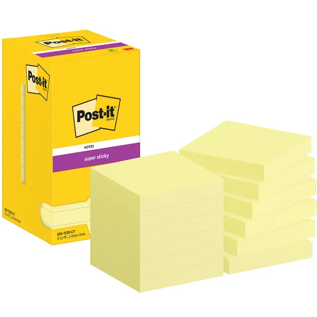 Post-It Memoblok 3M Post-it 654 Super Sticky 76x76mm geel