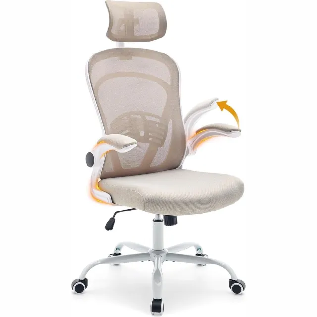Triumpunpre Ergonomische Mesh Bureaustoel Met Hoge Ragleuning - 90° Opklapbare Armleuningen - Verstelbare Lendensteun En Hoofdsteun - Schommelfunctie - Zwenkwielen - Wit Frame | Khaki Netwerk