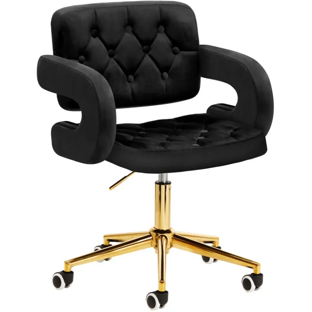 4rico Fluwelen Bureaustoel Zwart met Goud Onderstel QS-OF213G – Verstelbare Salonstoel & Bureaustoel voor Kantoor, Receptie en Salon