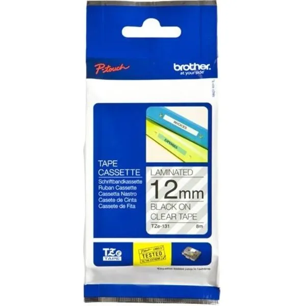 Labeltape brother p-touch tze-131 standaard 12mm Zwart op transparant