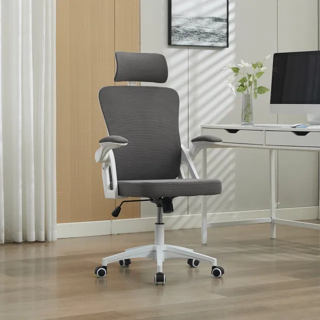 REDOM Bureaustoel - Ergonomisch ontwerp - Mesh rugleuning met verstelbare lendensteun en hoofdsteun - Opklapbare armleuningen - Grijs - 128 x 65 x 58 cm
