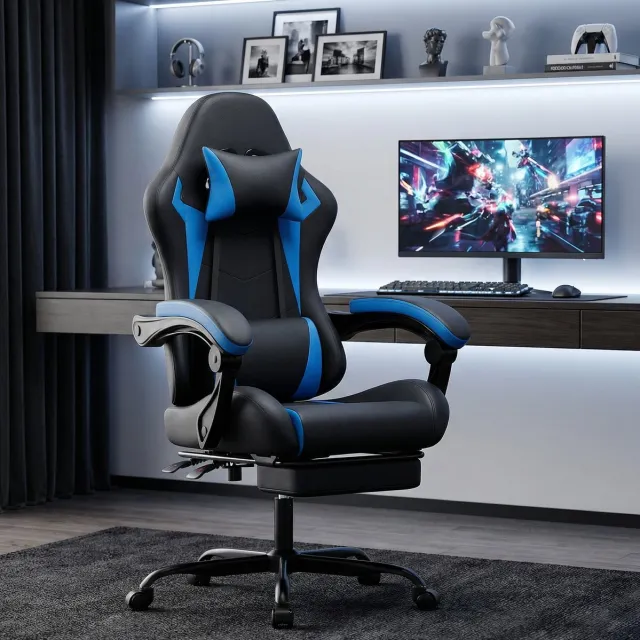 MIVRAY Gamingstoel 66 cm - Ergonomisch Met Hoofdsteun, Lendenkussen En Voetsteun - Voor Gamen En Thuiswerken - Kunstleer Zwart Blauw