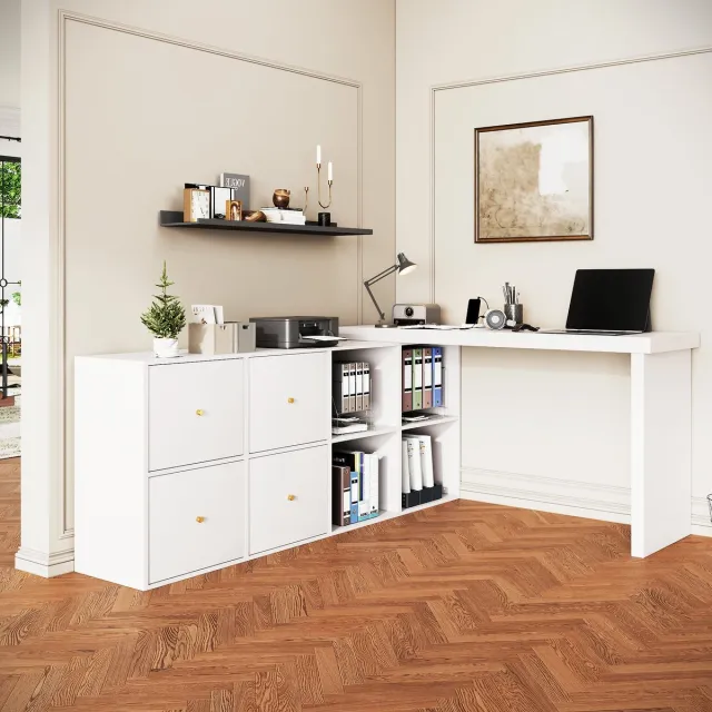 Sweiko Hoekbureau - 360° draaibaar tafelblad - L- bureau - 4 planken - 4 lades - Wit