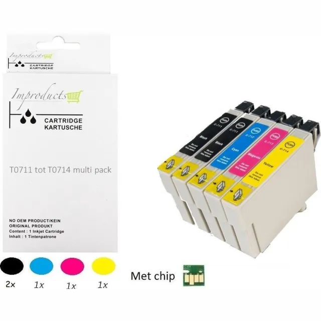 Improducts Inkt cartridges - Alternatief Epson T0711 T0712 T0713 T0714 T0715 set + zwart Multicolor - Zwart (2 stuks), Cyaan, Magenta, Geel