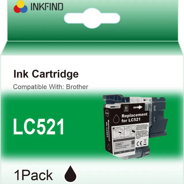 INKFIND LC521 Zwart inktcartridge compatibel met Brother LC521 LC-521 Zwart geschikt voor Brother DCP-J1260W/J1310DW/J1313DW/J1360DW/J1460DW - 1-pack Zwart