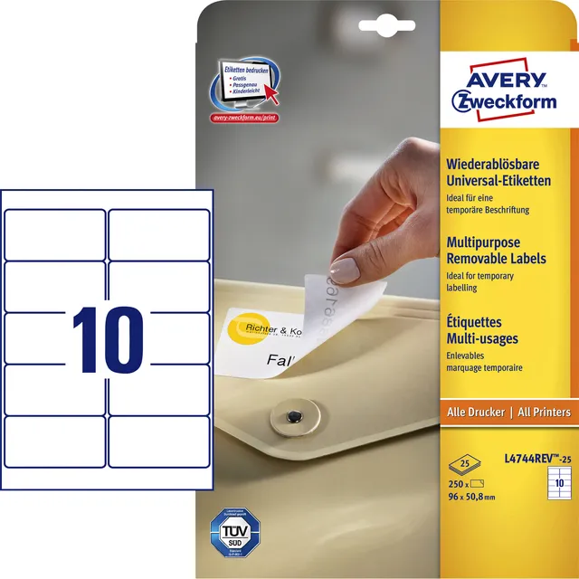 Avery Zweckform Etiket Avery L4744REV-25 96x50.8mm afneembaar wit 250 stuks