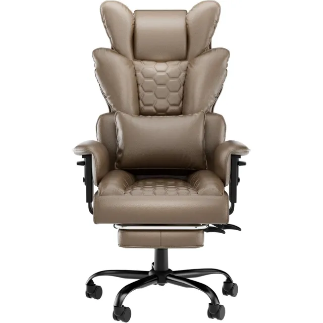 NAIZY Directiestoel met Hoofdsteun, PU-Leren Rugleuning, Schuimrubberen Zitkussen, Voetsteun en Wieltjes, Stalen Frame Bureaustoelen 126-136 cm in Hoogte Verstelbaar Bureaustoel voor Thuis en op Kantoor (Kaki) NAIZY