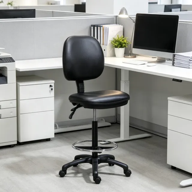 DESMIU Bureaukruk 49,5 x 46 x 115,5-137 cm - Verstelbaar en Draaibaar met Rugleuning en Wielen - Voor de Werkplek - Kunstleer - Zwart