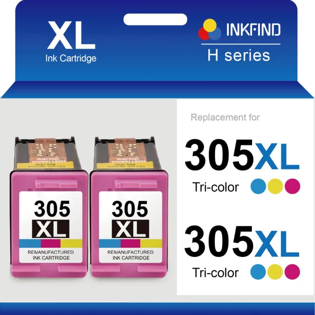 INKFIND 305XXL Extra Hoge Capaciteit (450 pagina's voor een kleurencartridge met 5% dekking) Geschikt voor HP305 HP305XL HP 305 HP 305XL 3YM63AE Inktcartridge - 305XXL 2-pack Kleur 2-pack Kleur x 2