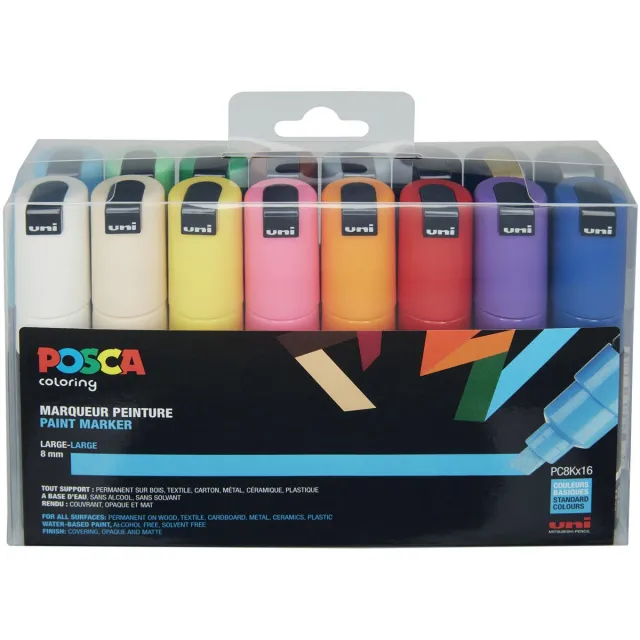 Posca Uni POSCA paintmarker PC-8K, 8 mm, etui met 16 stuks in geassorteerde kleuren blauw