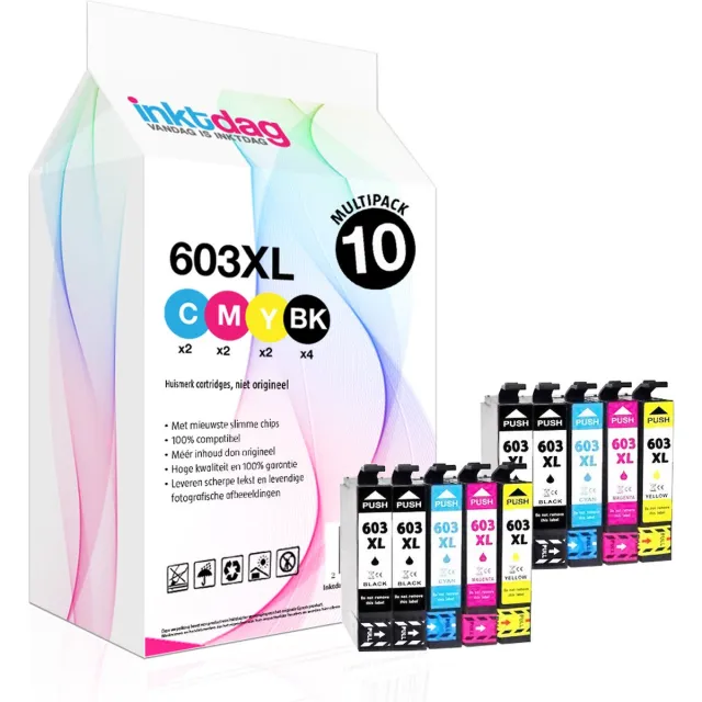 inktdag inktcartridges voor Epson 603, Epson 603XL multipack van 10 kleuren voor Epson Expression Home XP-2105, XP-3100 ,XP-3105, XP-4100 ,XP-4105, Workforce WF-2830DWF ,WF-2835DWF ,WF-2850DWF Zwart x 4