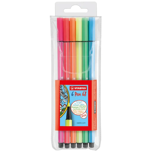 Viltstift STABILO Pen 68 medium fluor assorti etui à 6 stuks