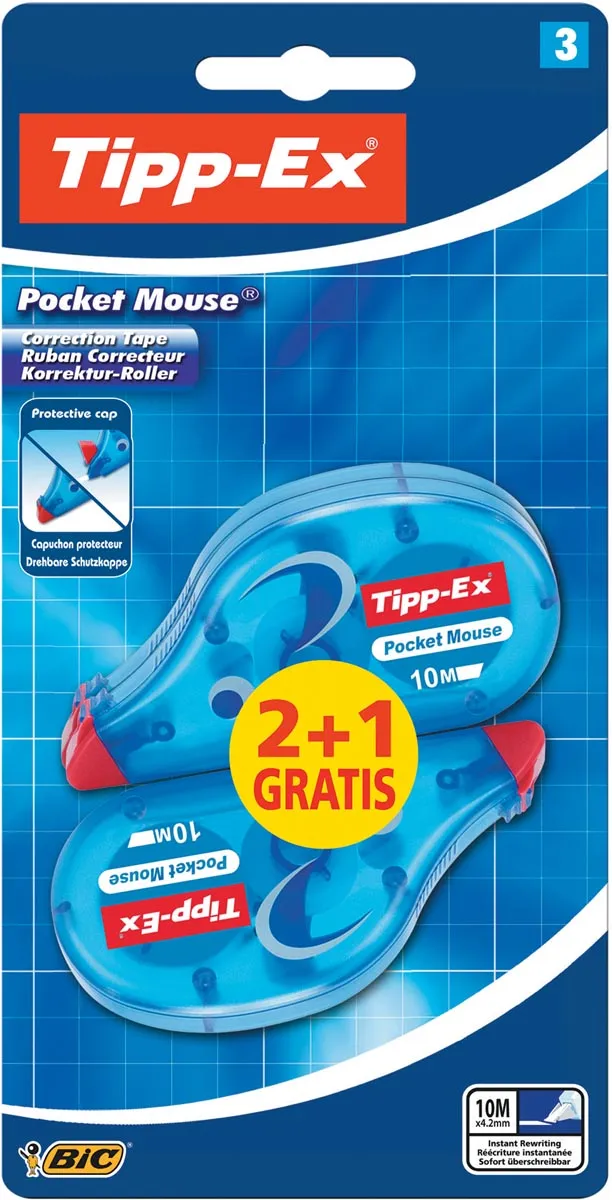 Tipp-ex correctieroller Pocket Mouse, blister met 2 + 1 gratis