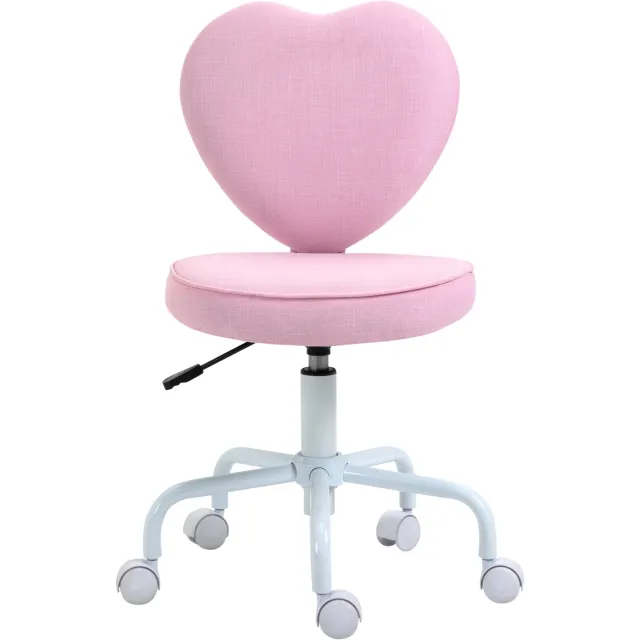 Lunpog Draaistoel – schattig hartdesign – in hoogte verstelbaar – stoffen bekleding met linnenlook – roze – 42 x 50 x 79–89 cm