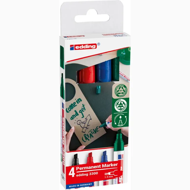 Edding permanent marker E-3300, geassorteerde kleuren, blister van 4 stuks blauw