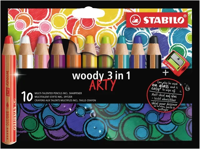 Stabilo Kleurpotloden STABILO 880 woody 3 in 1 Arty inclusief puntenslijper assorti etui à 10 stuks