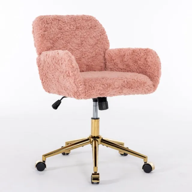 Ropilly Roze Pluizige Bureaustoel - In Hoogte Verstelbare Draaistoel - Met Armleuningen - Gouden Onderstel - Roze Make-up Stoel Voor Slaapkamer - 61x60x90cm - Roze zachtroze