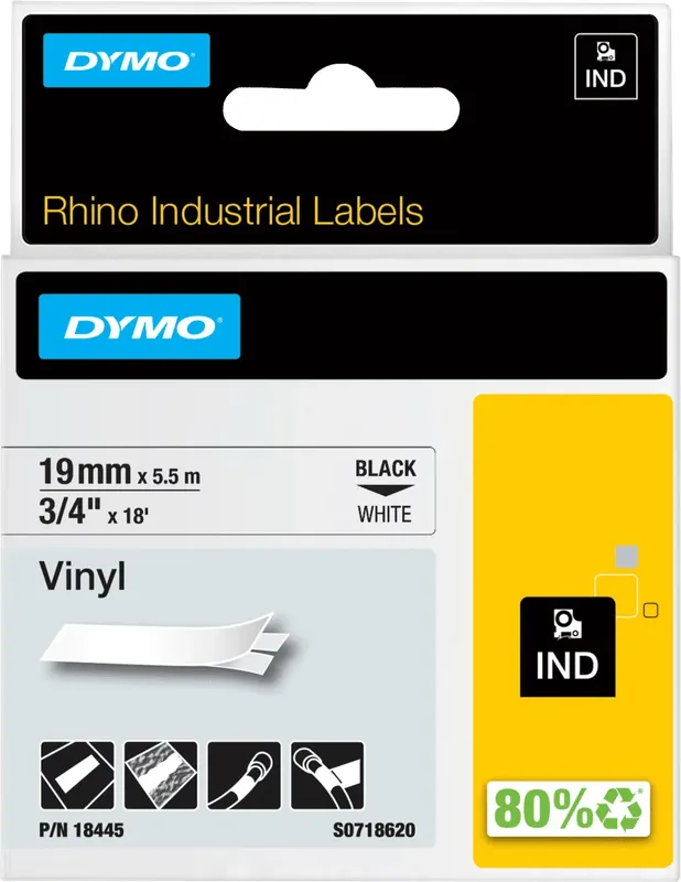 Dymo Rhino 19mm x 5,5m Zwart Wit Vinyl Labels