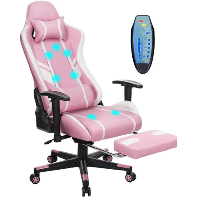 BOG Gaming Stoel - 7-Punts Massage - Ergonomische Bureaustoel Met Voetsteun - Rugleuning 90-175° Verstelbaar - 2D Armleuningen Verstelbaar - PC Gamer Stoel - Kantoorstoel - 180 Kg - Roze
