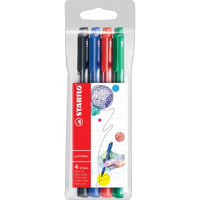 Stabilo pointMax schrijfstift, 0,8 mm, etui van 4 stuks in geassorteerde standaard kleuren blauw