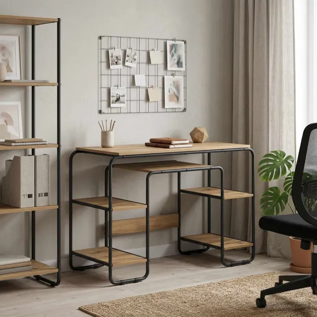 vidaXL Bureau met opbergruimte Artisanaal eiken 113.5 x 52 x 75.5 cm, foto 2
