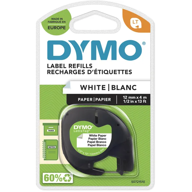 Dymo Labeltape Dymo LetraTag papier 12mm zwart op wit