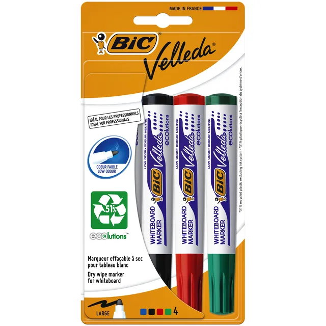 Bic Whiteboardmarker Bic Velleda 1704 rond large assorti blister à 4 stuks