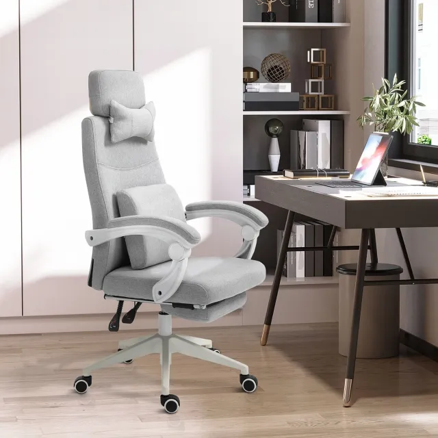 MODENUIT Bureaustoel Met Wielen 62 x 68 x 117-127 cm - Verstelbare Voetensteun En Rugleuning - Polyester - Grijs